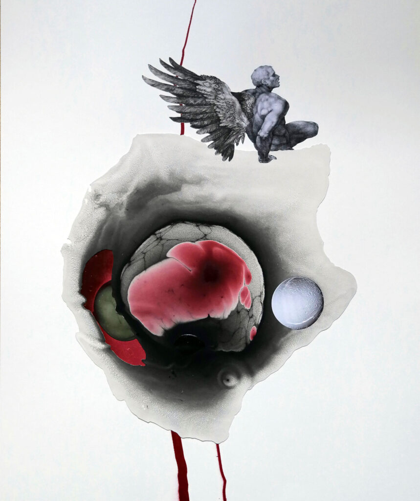 Ein Engel sitzt auf der schwarzen Wolke. Über … die Wolke mit Wassermonotype gemacht, roter Inhalt in der Mitte.